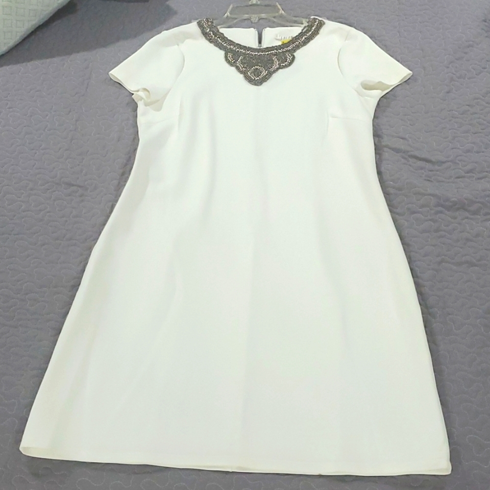 White dress, beaded collar. Size 12
